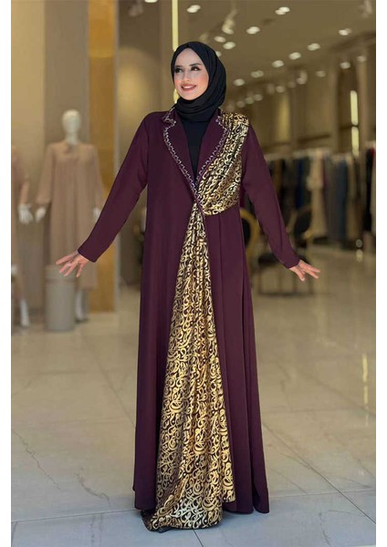 Arapça Harf Baskı Detaylı Abaya 70015 Bordo