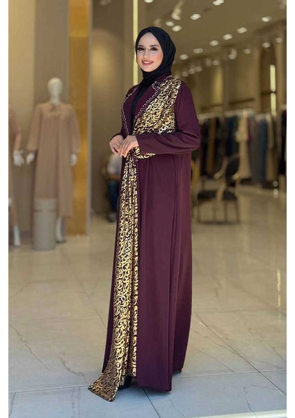 Arapça Harf Baskı Detaylı Abaya 70015 Bordo