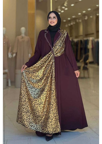 Arapça Harf Baskı Detaylı Abaya 70015 Bordo