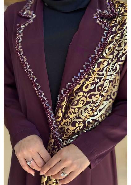 Arapça Harf Baskı Detaylı Abaya 70015 Bordo