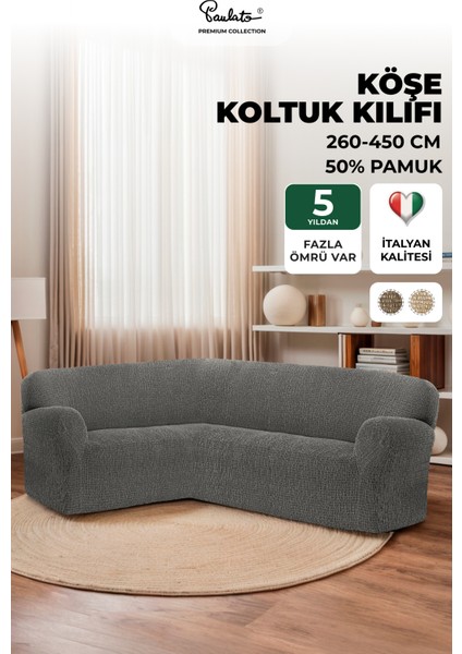 Lastikli Esnek ve Yıkanabilir L Köşe Koltuk Örtüsü Çekyat Kanepe Kılıfı - Gri