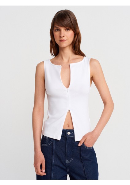 31764 Fermuar Detaylı Top-Beyaz