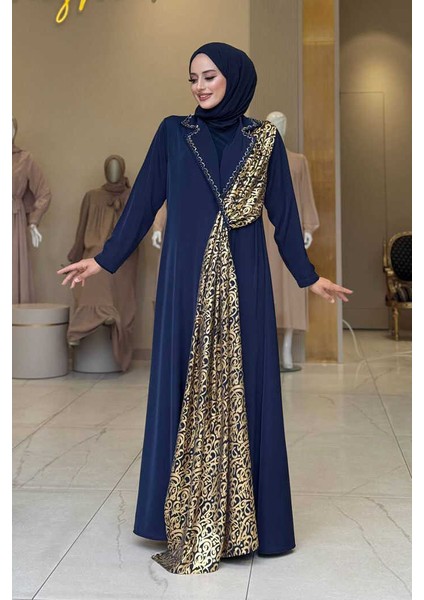 Arapça Harf Baskı Detaylı Abaya 70015 Lacivert