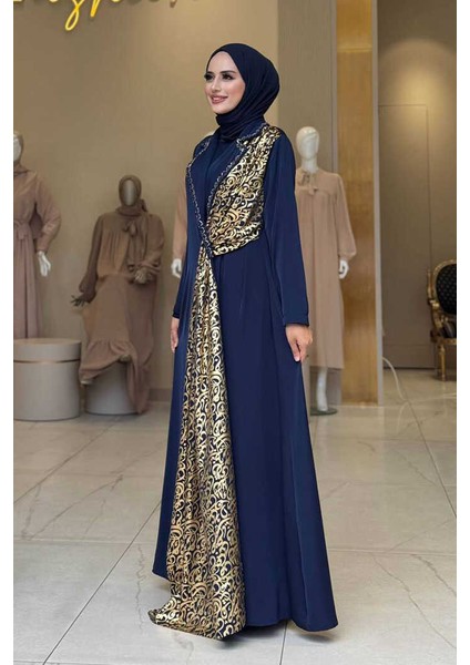 Arapça Harf Baskı Detaylı Abaya 70015 Lacivert