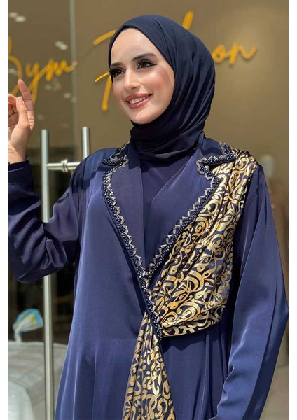 Arapça Harf Baskı Detaylı Abaya 70015 Lacivert