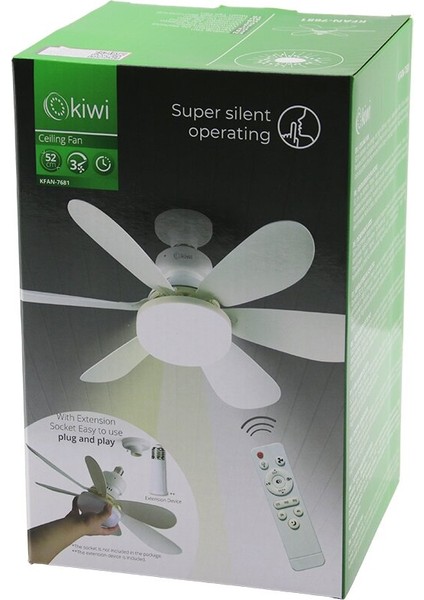 Kiwi KFAN-7681 2in1=tavan Vantilatör - Avize Lamba Kumandalı 52CM 6-Beyaz Plastik Kanat 3-Kademe Hız MOTOR-30W (5067)