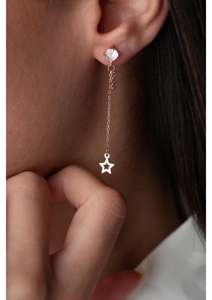 925 Ayar Gümüş Rose Kaplama 5 mm Tektaş Sallantılı Zincir Içi Boş Yıldız Küpe