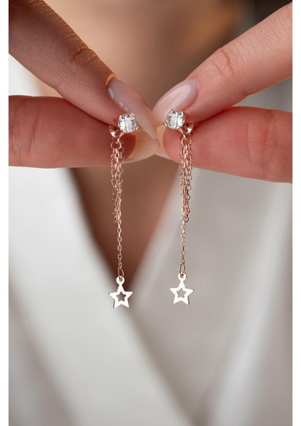 925 Ayar Gümüş Rose Kaplama 5 mm Tektaş Sallantılı Zincir Içi Boş Yıldız Küpe fiyatları