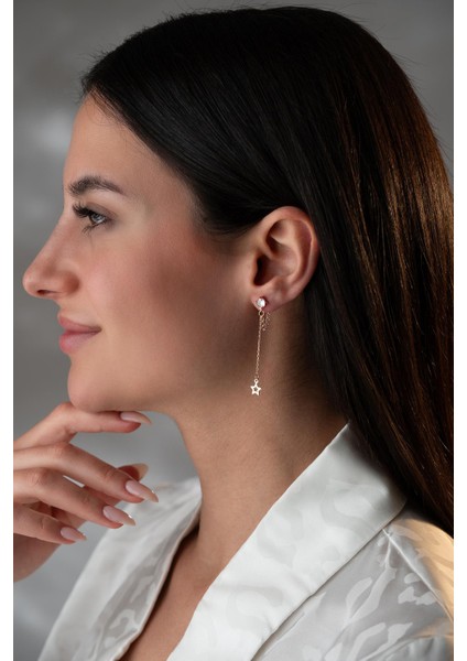 925 Ayar Gümüş Rose Kaplama 5 mm Tektaş Sallantılı Zincir Içi Boş Yıldız Küpe modelleri