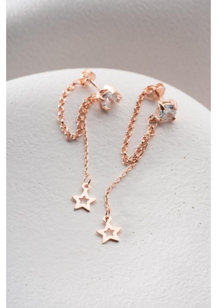 925 Ayar Gümüş Rose Kaplama 5 mm Tektaş Sallantılı Zincir Içi Boş Yıldız Küpe fırsatları