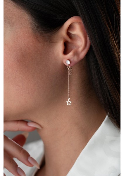 925 Ayar Gümüş Rose Kaplama 5 mm Tektaş Sallantılı Zincir Içi Boş Yıldız Küpe indirimleri