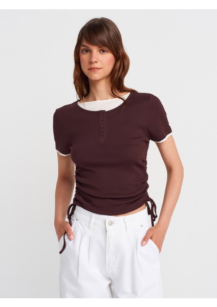 31816 Çift Katlı Büzgülü T-Shirt-Kahve