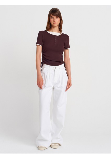 31816 Çift Katlı Büzgülü T-Shirt-Kahve fırsatları