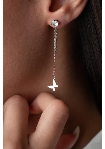 925 Ayar Gümüş Rodyum Kaplama 5 mm Tektaş Sallantılı Zincir Taşsız Kelebek Küpe