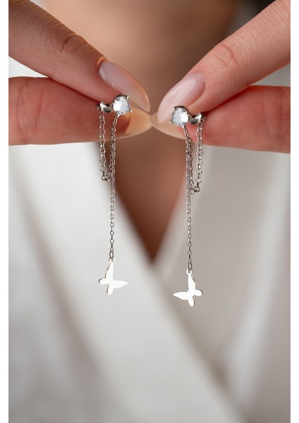 925 Ayar Gümüş Rodyum Kaplama 5 mm Tektaş Sallantılı Zincir Taşsız Kelebek Küpe fiyatları