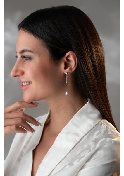 925 Ayar Gümüş Rodyum Kaplama 5 mm Tektaş Sallantılı Zincir Taşsız Kelebek Küpe modelleri