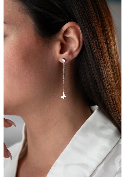 925 Ayar Gümüş Rodyum Kaplama 5 mm Tektaş Sallantılı Zincir Taşsız Kelebek Küpe indirimleri