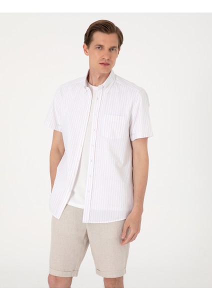 Erkek Bej Regular Fit Çizgili Kısa Kollu Gömlek 50307082-VR011