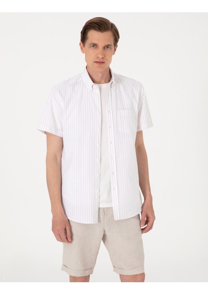 Erkek Bej Regular Fit Çizgili Kısa Kollu Gömlek 50307082-VR011