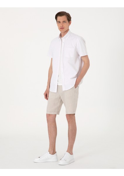 Erkek Bej Regular Fit Çizgili Kısa Kollu Gömlek 50307082-VR011