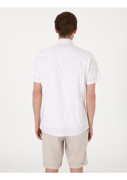 Erkek Bej Regular Fit Çizgili Kısa Kollu Gömlek 50307082-VR011