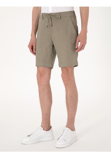 Erkek Haki Slim Fit %100 Keten Dokuma Şort 50301780-VR027