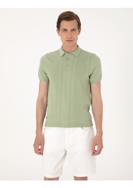 Erkek Açık Haki Slim Fit %100 Pamuk Polo Yaka Triko Tişört 50305976-VR183