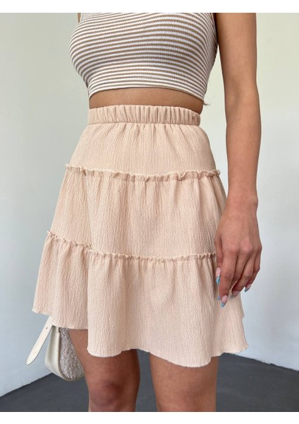 Parça Kumaş Beli Lastikli Şortlu Etek