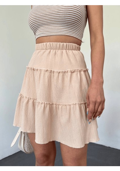 Parça Kumaş Beli Lastikli Şortlu Etek