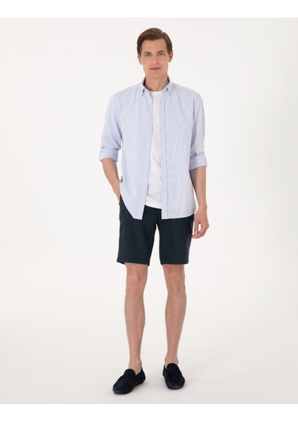 Erkek Lacivert Slim Fit %100 Keten Dokuma Şort 50301780-VR033