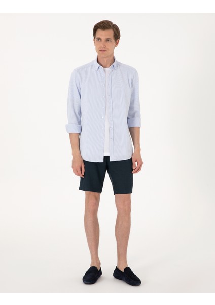Erkek Lacivert Slim Fit %100 Keten Dokuma Şort 50301780-VR033