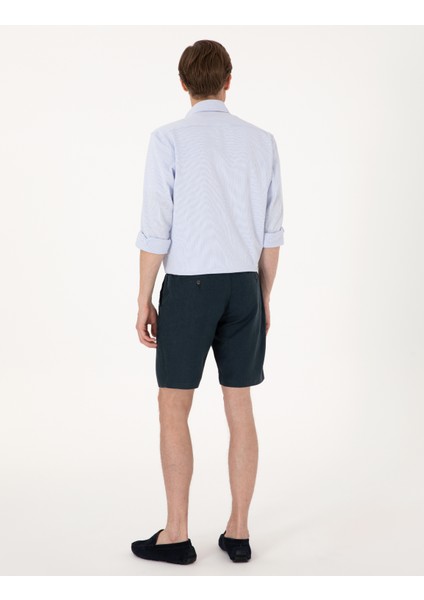 Erkek Lacivert Slim Fit %100 Keten Dokuma Şort 50301780-VR033
