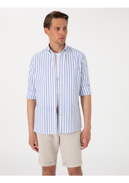 Erkek Lacivert Regular Fit Çizgili Uzun Kollu Gömlek 50307093-VR033