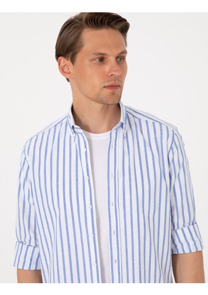 Erkek Lacivert Regular Fit Çizgili Uzun Kollu Gömlek 50307093-VR033 fiyatları