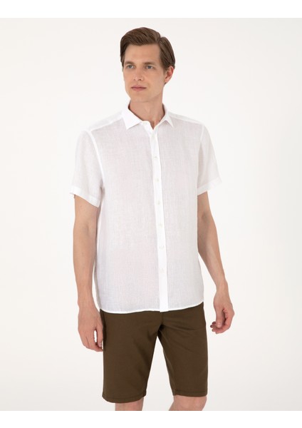 Erkek Beyaz %100 Keten Regular Fit Kısa Kollu Gömlek 50305680-VR013