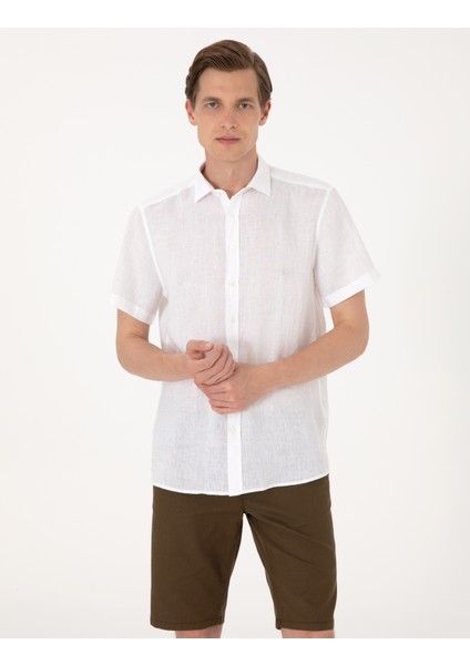 Erkek Beyaz %100 Keten Regular Fit Kısa Kollu Gömlek 50305680-VR013