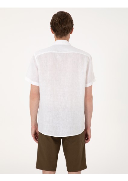 Erkek Beyaz %100 Keten Regular Fit Kısa Kollu Gömlek 50305680-VR013