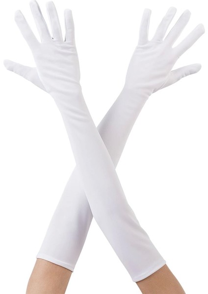 Beyaz Renk Dirseğe Kadar Uzun Kumaş Eldiven 40 cm - 1OL2028-4545