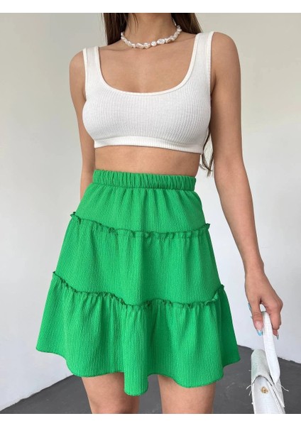 Parça Kumaş Beli Lastikli Şortlu Etek