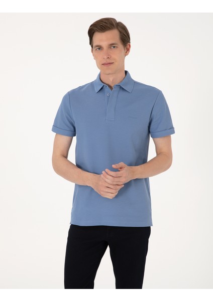 Erkek Mavi Slim Fit %100 Pamuk Kıvrılmaz Amerikan Pike Polo Yaka Basic Tişört 50306154-VR036