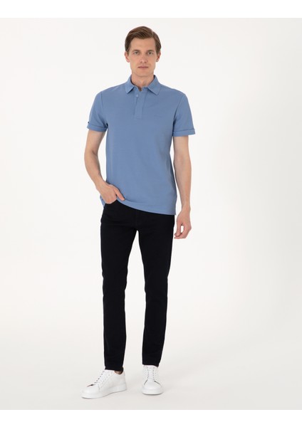 Erkek Mavi Slim Fit %100 Pamuk Kıvrılmaz Amerikan Pike Polo Yaka Basic Tişört 50306154-VR036 fırsatları