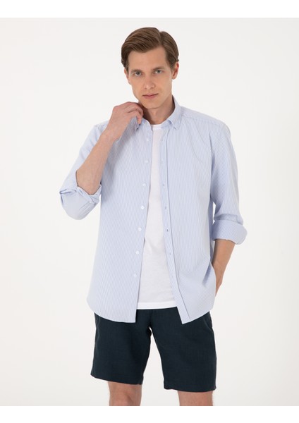 Erkek Açık Mavi Slim Fit Çizgili Uzun Kollu Gömlek 50307162-VR003