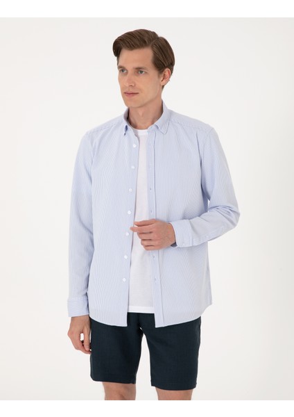 Erkek Açık Mavi Slim Fit Çizgili Uzun Kollu Gömlek 50307162-VR003