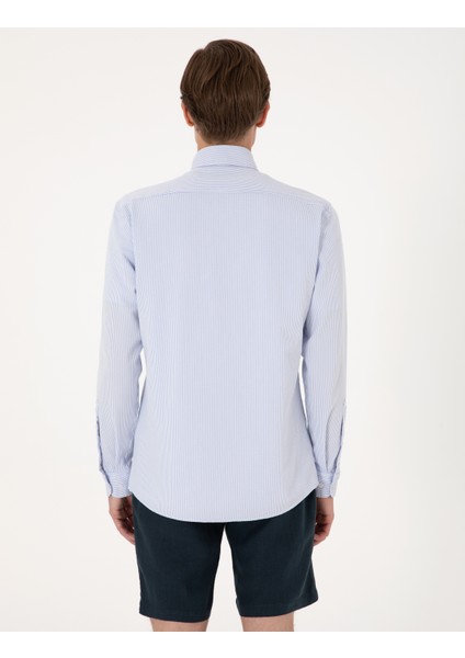 Erkek Açık Mavi Slim Fit Çizgili Uzun Kollu Gömlek 50307162-VR003
