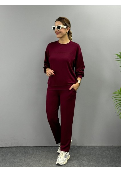 Fh Fashionhere Kadın Uzun Kollu Bisiklet Yaka Viskon Iki Iplik Bluz ve Pantolon Ikili Takım