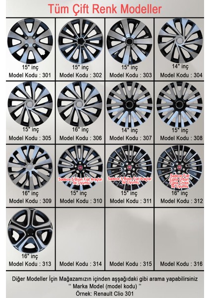 Renault Espace Scenic Twingo 15'' Inç Jant Kapağı 4 Adet Çift Renk 303