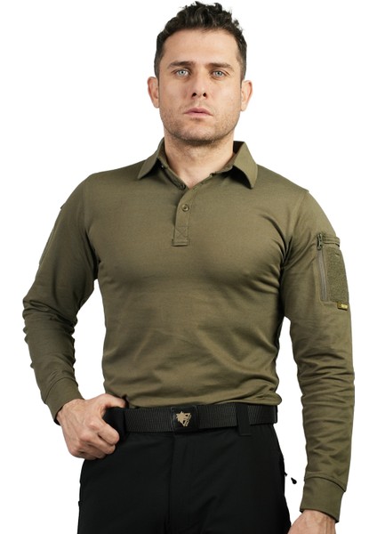 KAPAN Polo Yaka Haki Taktik Tişört , 2 Cepli Uzun Kollu T-Shirt