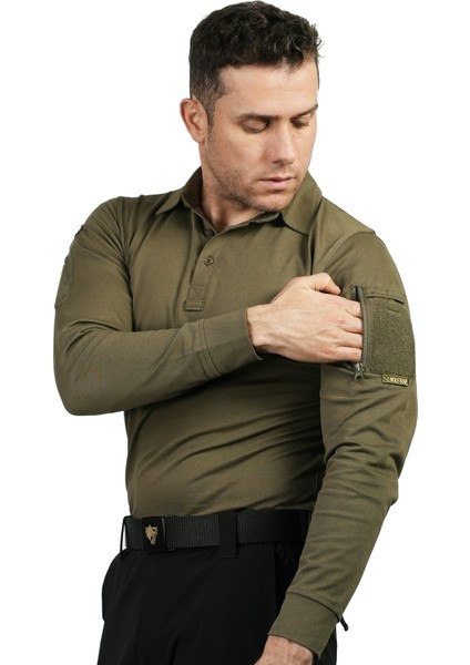 KAPAN Polo Yaka Haki Taktik Tişört , 2 Cepli Uzun Kollu T-Shirt fiyatları