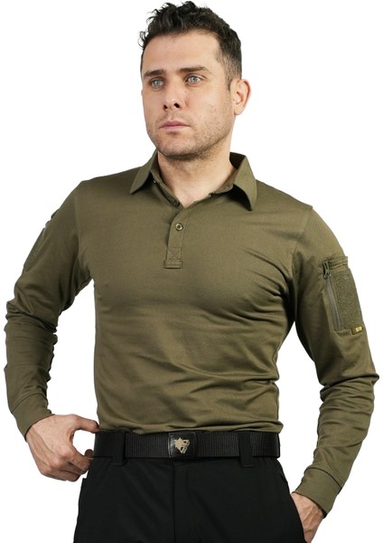 KAPAN Polo Yaka Haki Taktik Tişört , 2 Cepli Uzun Kollu T-Shirt fırsatları