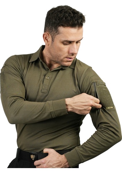 KAPAN Polo Yaka Haki Taktik Tişört , 2 Cepli Uzun Kollu T-Shirt indirimleri